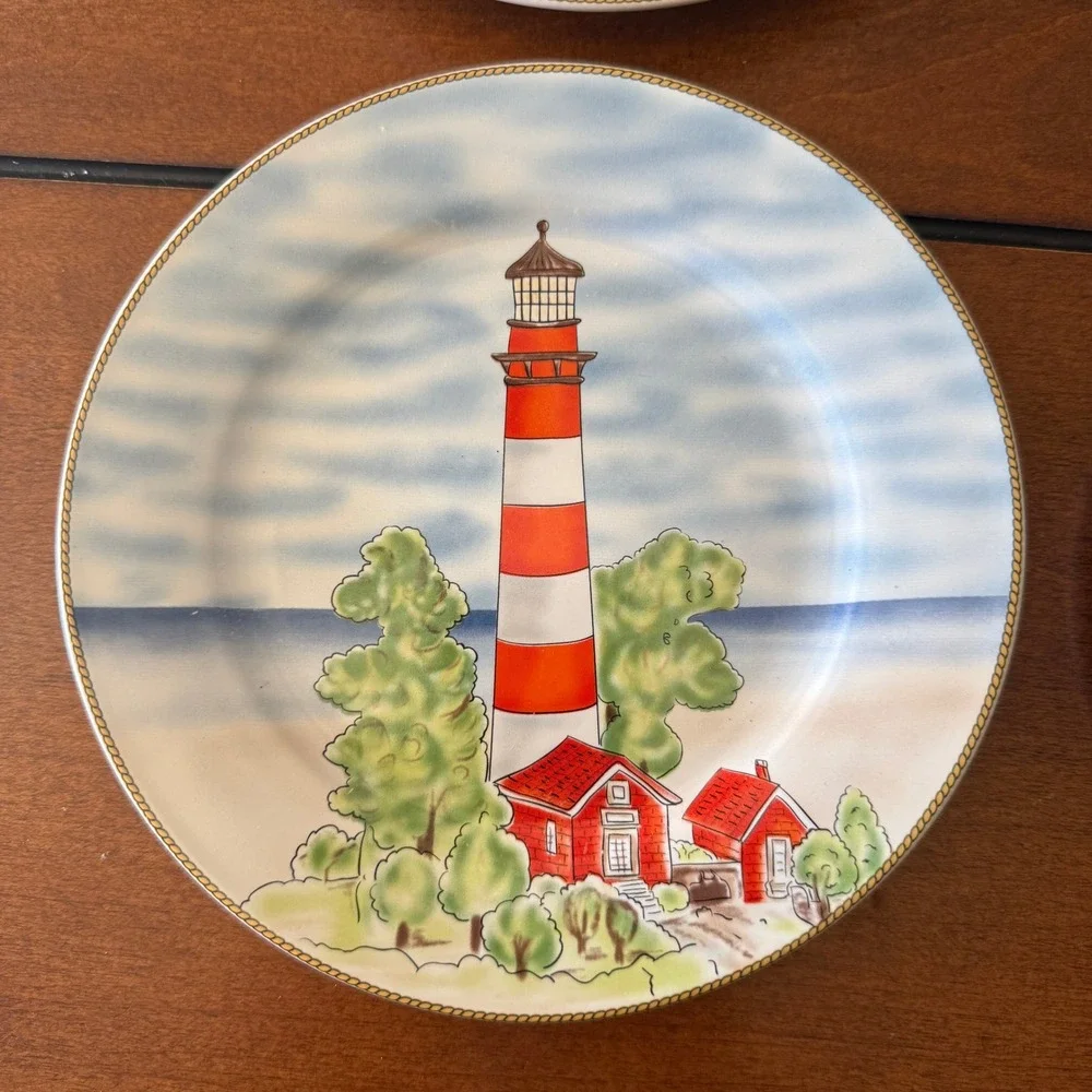 Royal Norfolk Lighthouse Salad Plates Set of 4 Nautical Coastal 7.5 Inch Ceramic